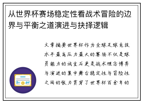 从世界杯赛场稳定性看战术冒险的边界与平衡之道演进与抉择逻辑